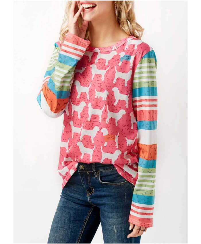 Long Sleeve Dog Print Pink T Shirt